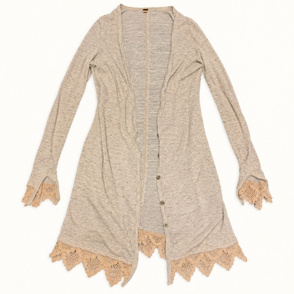 Free People Women Beige Longline Cardigan Crochet Lace Trim Button Front Size S